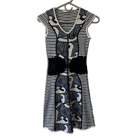 Didier Parakian Stiped Blue White Abstract Cap Stretch Italian Dress 40 US 4 - Picture 1 of 11
